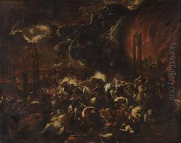 Scontro Notturno Di Cavalleria Presso Una Citta In Fiamme - view 1