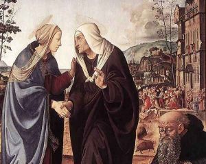 The Visitation with Sts Nicholas and Anthony (detail) 1489-90