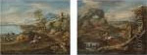 A Series Of Four River Landscapes With Riders A Series Of Four River Landscapes With Riders