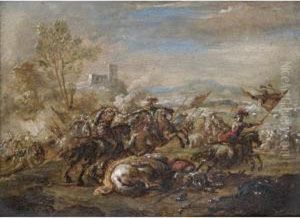 A Battlescene With Cavalry Skirmishing Beside A Cannon by Ciccio Graziani