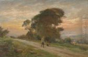 A Man And His Dog On A Countrylane At Sunset by William Greaves