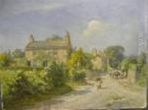 Village Scene, With Figures And A Horse And Cart by William Greaves