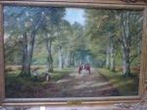 A Country Lane, With Figures Gathering Firewood, And Horse And Cart by William Greaves