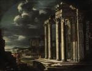 An Architectural Capriccio With Soldiers Conversing by Gennaro Greco