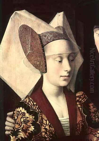 St. Eligius (c.588-660) as a goldsmith showing a ring to the engaged couple (detail of the fiancee) 1449 - view 1