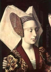 St. Eligius (c.588-660) as a goldsmith showing a ring to the engaged couple (detail of the fiancee) 1449 by Petrus Christus