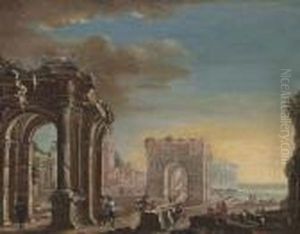 A Capriccio Of Classical Ruins With Elegant Figures Conversing In The Foreground A Capriccio Of Classical Ruins With Elegant Figures Conversing In The Foreground