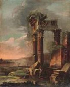 A Capriccio Of Classical Ruins With Figures In The Foreground by Gennaro Greco