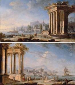 Italianate Coastal Landscapes With Figures by Gennaro Greco