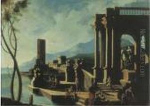 Architetture Classiche Con Sculture Antiche, Astanti E Cittafortificata In Lontananza by Gennaro Greco