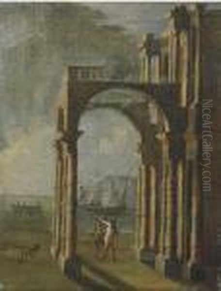 Portico Con Astanti Presso Una
Marina; E Astanti Presso L'ingressodi Una Chiesa E Marina In Lontananza - view 1