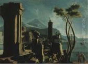 Rovine Classiche Presso La Riva Con Sculture E Astanti Ed Ilvesuvio In Lontananza