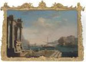 A Mediterranean Harbour With Shipping And Figures On A Quay By A Ruined Classical Temple by Gennaro Greco