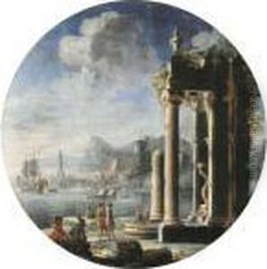 A Capriccio Of Architectural
Ruins With Figures By A Fountain, A Dutch Frigate And Other Shipping In A
Bay Beyond by Gennaro Greco