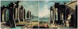 Architectural Capricci With Figures By A Fountain by Gennaro Greco