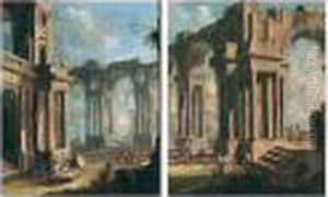 Architectural Capricci With Soldiers And Other Figures Conversing by Gennaro Greco
