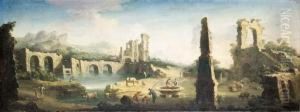 An Extensive River Landscape With Herdsmen And Cattle Among Classical Ruins