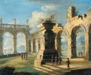 An Architectural Capriccio With Classical Ruins And Figures by Gennaro Greco