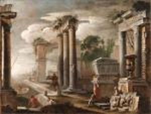 A Mediterranean Port With Banditti Resting By Classical Ruins by Gennaro Greco