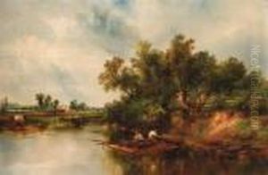 Anglers On A Barge In A River Landscape Anglers On A Barge In A River Landscape