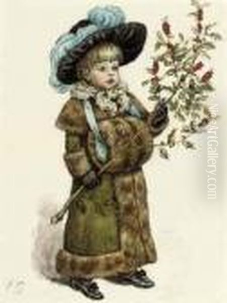 A Young Girl Dressed Up For 
Christmas, Wearing A Fur Coat And Muffand Carrying A Holly Branch - view 1