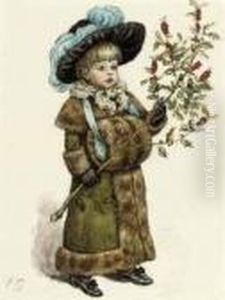 A Young Girl Dressed Up For
Christmas, Wearing A Fur Coat And Muffand Carrying A Holly Branch by Kate Greenaway