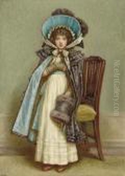 Original Watercolor Of Girl In A
Longdress, Blue And Grey Cape And Hat, Posed Against A Chair. - view 1