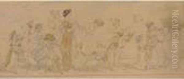 Pencil And Watercolour Drawing Of A Procession Of Female Musicians - view 1