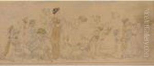 Pencil And Watercolour Drawing Of A Procession Of Female Musicians