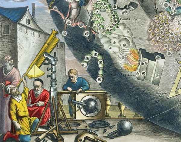 Astronomers looking through a telescope, detail from a map of the constellations, from 'The Celestial Atlas, or The Harmony of the Universe' - view 1