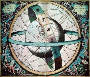 World map with encircling zodiac, 'Situs Terrae Circulis Coelestibus Circundate", from 'The Celestial Atlas, or the Harmony of the Universe'