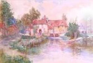A Village Scene With Figure At The Door Of A Cottage