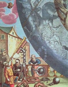 Astronomers looking through a telescope, detail from a map of the constellations from 'The Celestial Atlas, or The Harmony of the Universe' by Andreas Cellarius