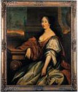 Portrait Of A Lady Seated 
Three-quarter Length, In A White Dressand A Brown Wrap, Before A Pillar A
 Landscape Beyond