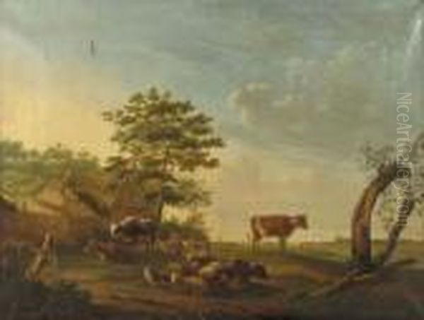 Cattle, Sheep And Goats In A 
Landscape, A Cowherd Conversing With A Peasantwoman Near A Farmhouse 
Beyond - view 1