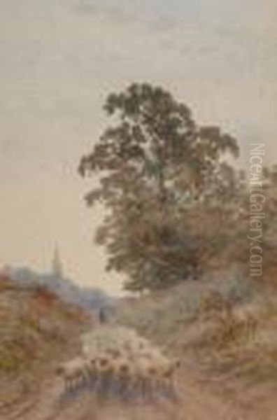 Shepherd And Flock On A Country Lane - view 1