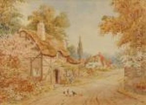 Summer Villagestreet With Thatched Cottage