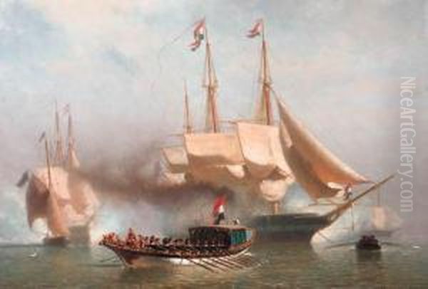 The Royal Barge Receiving A Salute By The Royal Yacht Upondisembarkement - view 1