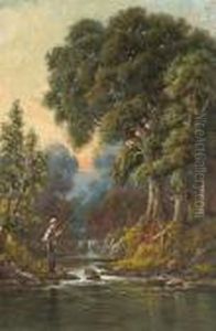 A Boy Fishing In A Calm Stream by Deidrich Henry Gremke