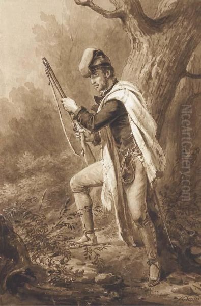 Un Chasseur De Profil A Gauche Tenant Un Fusil - view 1