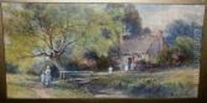 Figures Before A Thatched Cottage by Frank Gresley