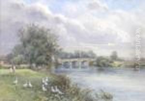 A Bridge Over The River Trent, With Figures And Ducks In Ameadow by Frank Gresley