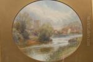 The Weir At Alrewas, With Figures On The River Bank by Frank Gresley