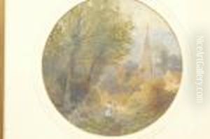Children On A Country Lane, Before A Church by Frank Gresley