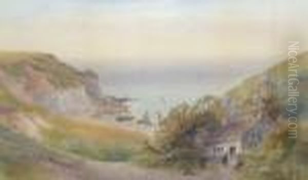 Nsa -- Figures By A Cottage With
 Cliffs And A Fishing Cove Below; Watercolour, Signed, 43x68.2cm - view 1
