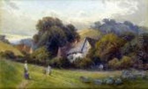 The Valley Farm, With Figures On A Rural Path And Sheep Grazing by Frank Gresley