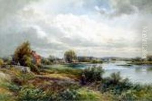 View Of The Trent At 
Swarkestone, From The Bridge, Summer Landscape With Figures And Poultry
