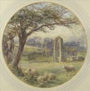 Dale Abbey,derbyshire, A Sunlit Summer Scene With Sheep, Figure And Dog By Theruins