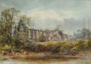 Cattle Watering By A Ruined Abbey by James Stephen Gresley