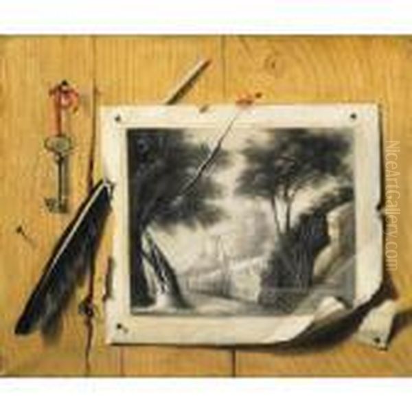 Trompe L'oeil Di Un Disegno, Una Penna E Una Chiave Fissati A Un Pannello Di Legno - view 1